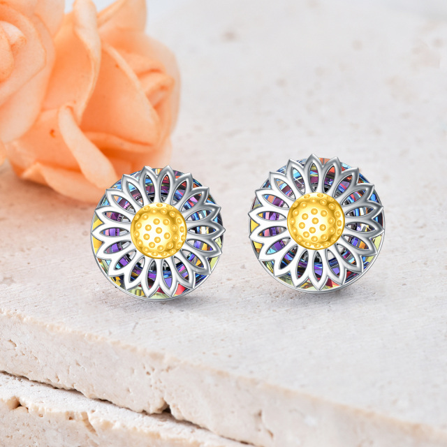 Sterling Silver Two-tone Circular Shaped Crystal Sunflower Stud Earrings-4