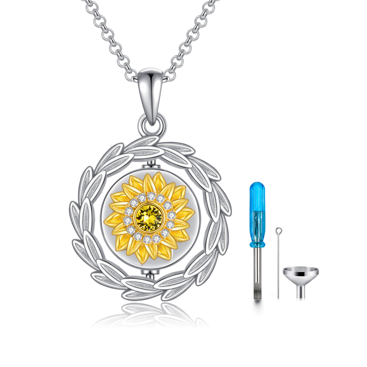 Collar de urna de girasol de cristal en forma circular de dos tonos de plata de ley para cenizas con palabra grabada-1