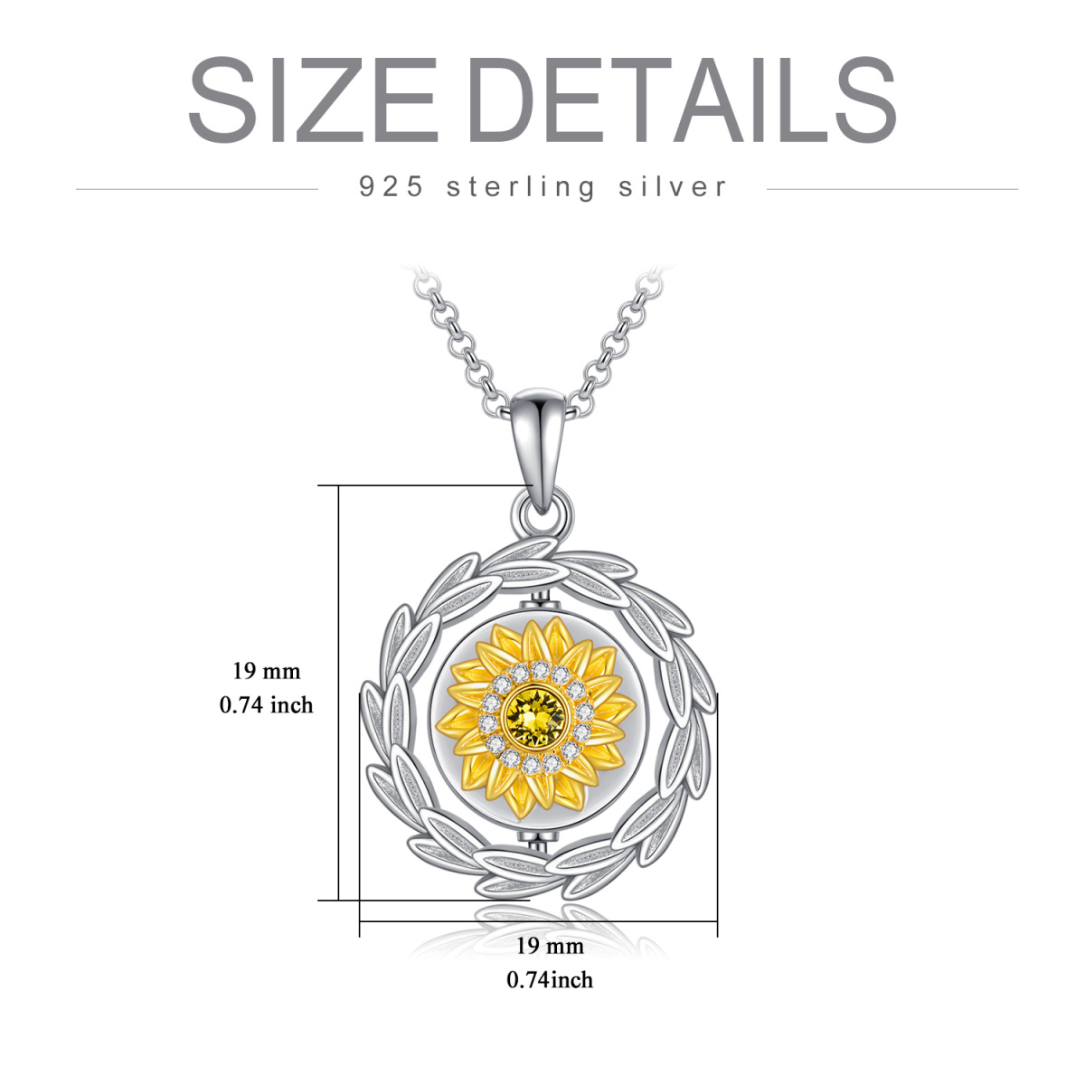 Collana d'argento bicolore con girasole di cristallo a forma circolare per le ceneri con parola incisa-6