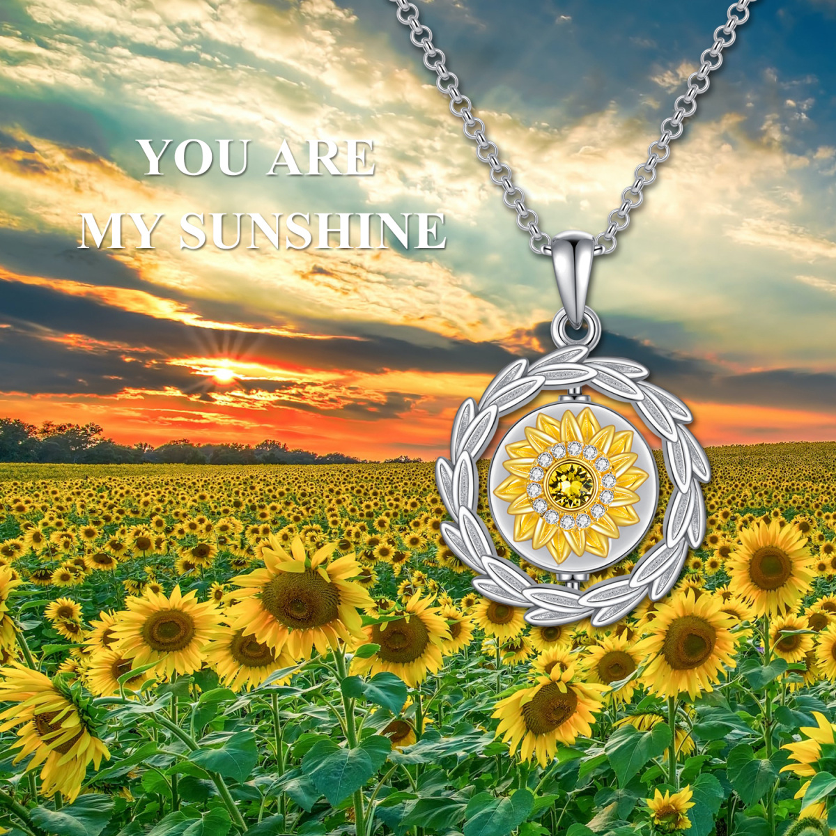 Collana d'argento bicolore con girasole di cristallo a forma circolare per le ceneri con parola incisa-7