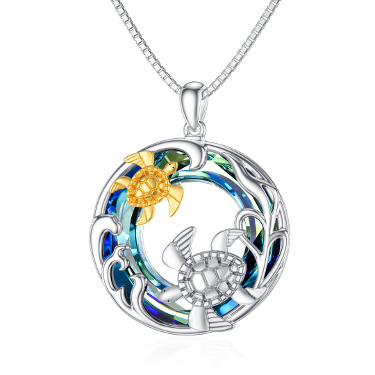 Collier en argent sterling avec pendentif tortue en cristal de forme circulaire bicolore