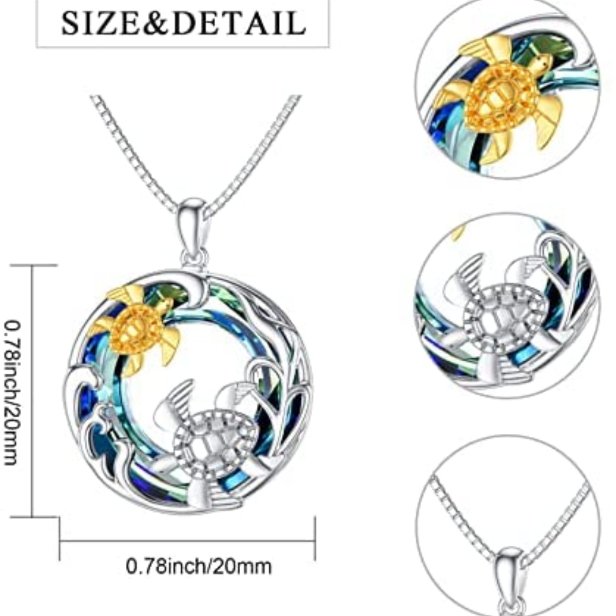 Sterling Silver Two-tone Circular Shaped Crystal Tortoise Pendant Necklace-5