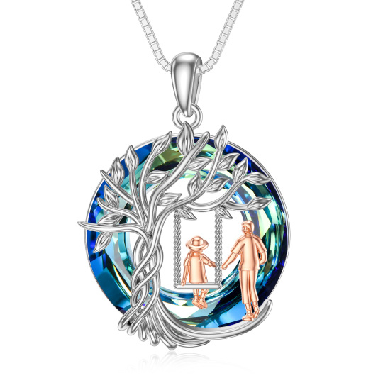 Sterling Silver Two-tone Circular Shaped Crystal Tree Of Life Pendant Necklace