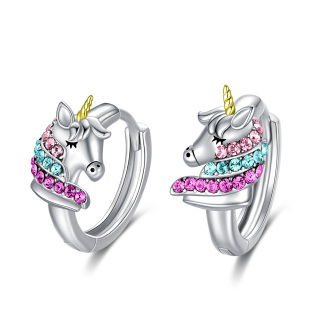 Sterling Silver Two-tone Circular Shaped Crystal Unicorn Hoop Earrings-60