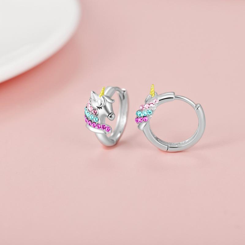 Sterling Silver Two-tone Circular Shaped Crystal Unicorn Hoop Earrings-4