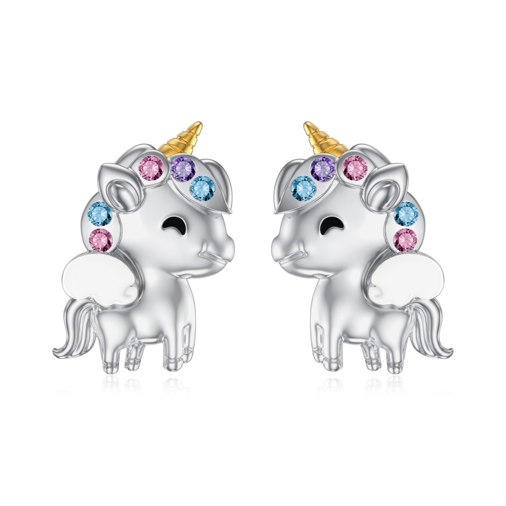 Sterling Silver Two-tone Circular Shaped Crystal Unicorn Stud Earrings-1