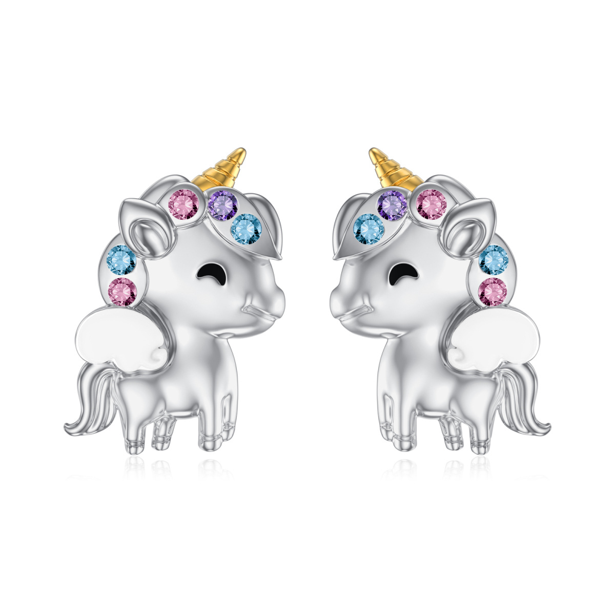 Sterling Silver Two-tone Circular Shaped Crystal Unicorn Stud Earrings-1