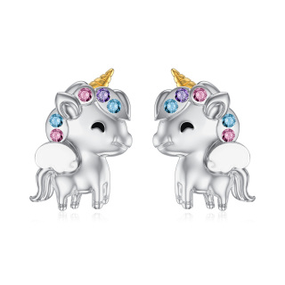 Sterling Silver Two-tone Circular Shaped Crystal Unicorn Stud Earrings-37