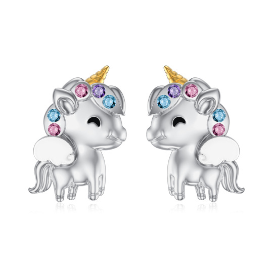 Sterling Silver Two-tone Circular Shaped Crystal Unicorn Stud Earrings