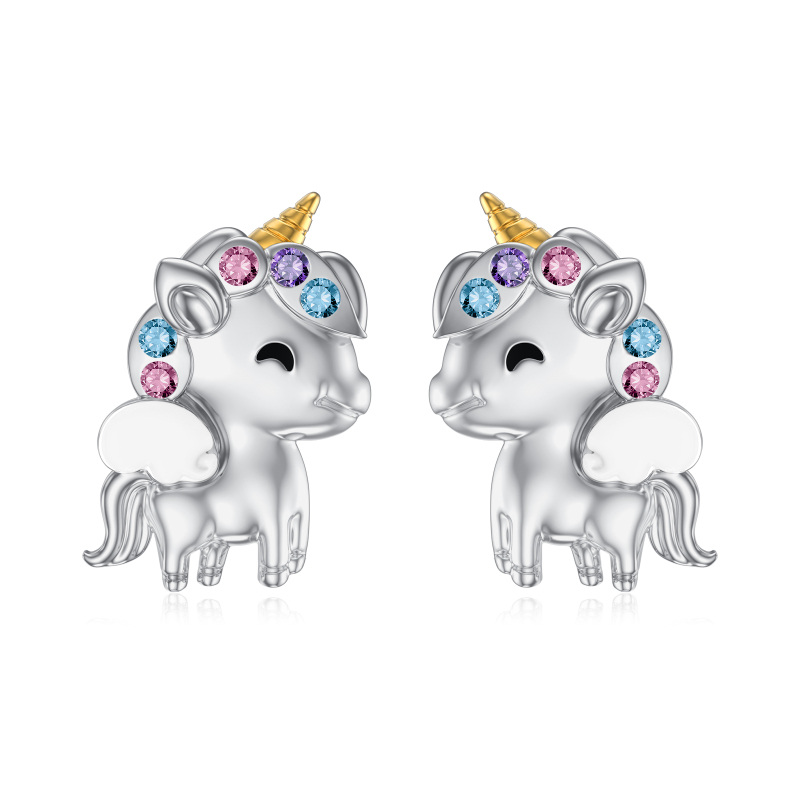 Sterling Silver Two-tone Circular Shaped Crystal Unicorn Stud Earrings-13