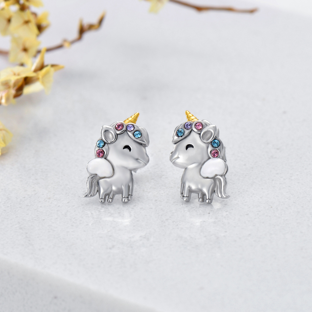 Boucles d'oreilles licorne en argent sterling de forme circulaire en cristal bicolore-3