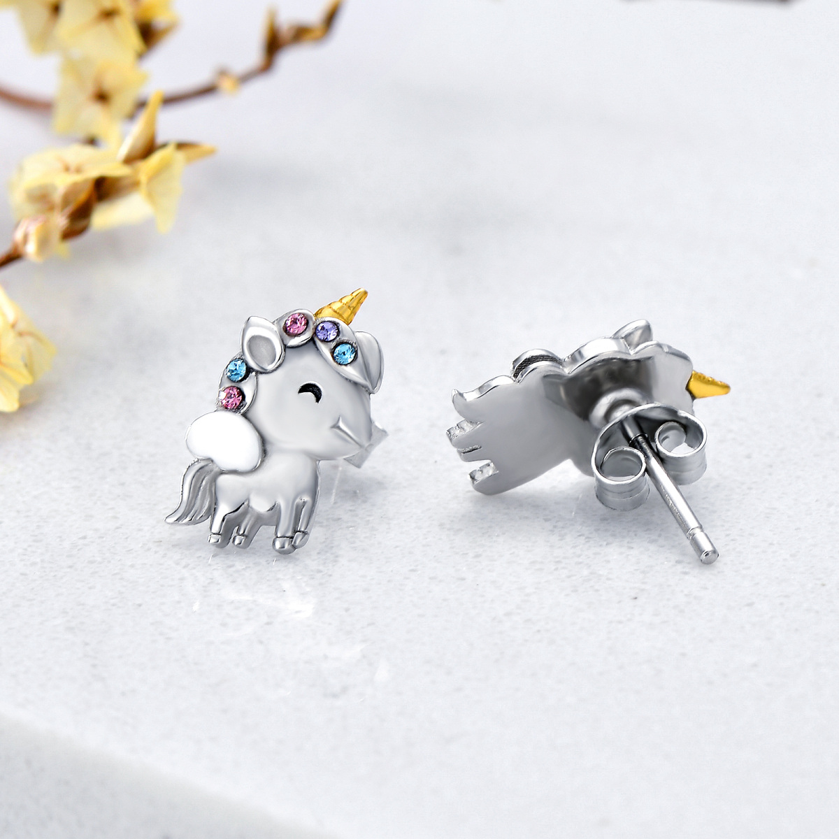 Boucles d'oreilles licorne en argent sterling de forme circulaire en cristal bicolore-4