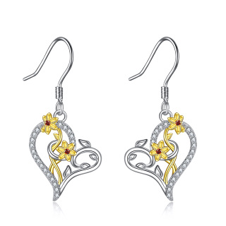 Sterling Silver Two-tone Circular Shaped Cubic Zirconia Daffodil Drop Earrings-1