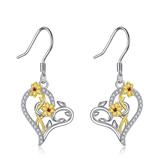 Sterling Silver Two-tone Circular Shaped Cubic Zirconia Daffodil Drop Earrings