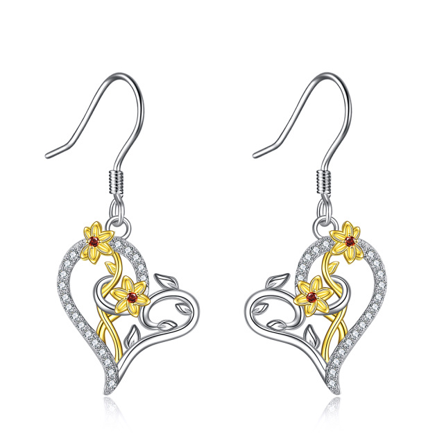 Sterling Silver Two-tone Circular Shaped Cubic Zirconia Daffodil Drop Earrings-2