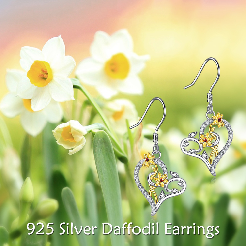 Sterling Silver Two-tone Circular Shaped Cubic Zirconia Daffodil Drop Earrings-3