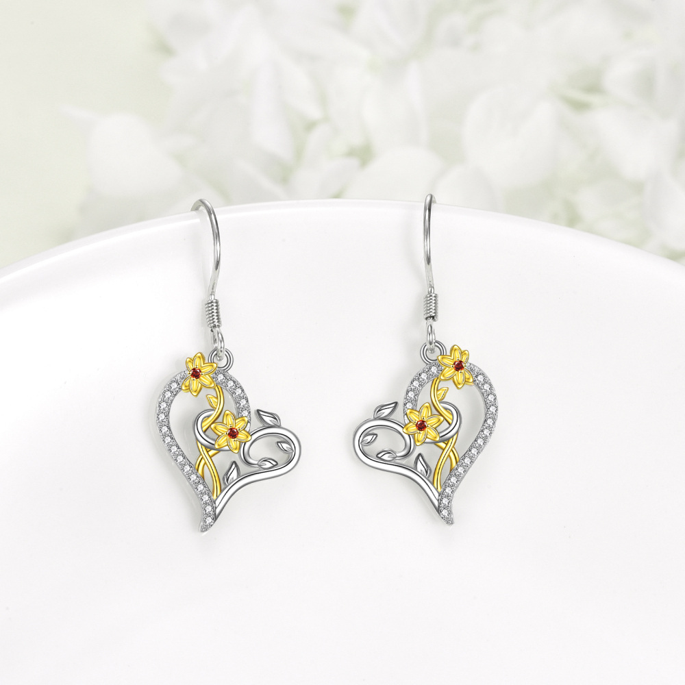 Sterling Silver Two-tone Circular Shaped Cubic Zirconia Daffodil Drop Earrings-4