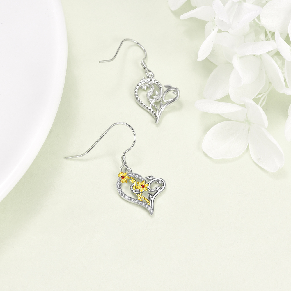 Sterling Silver Two-tone Circular Shaped Cubic Zirconia Daffodil Drop Earrings-5
