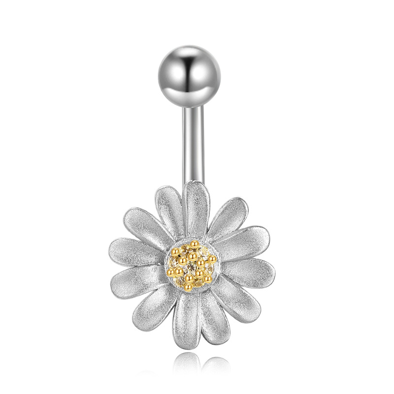 Sterling Silver Two-tone Circular Shaped Cubic Zirconia Daisy Belly Button Ring-15
