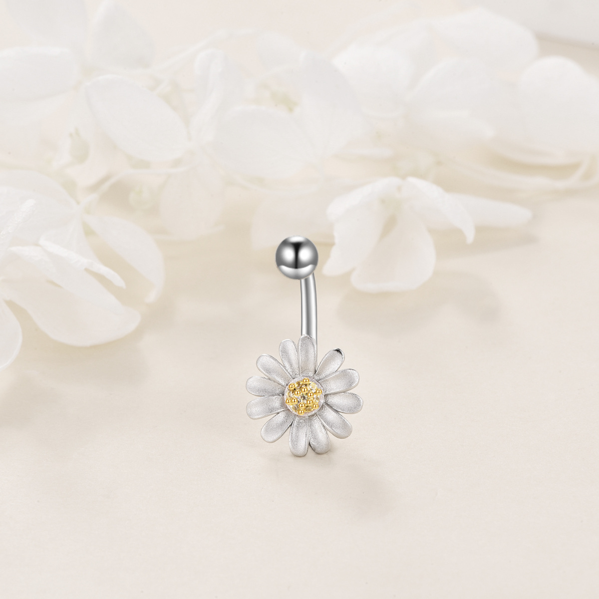 Sterling Silver Two-tone Circular Shaped Cubic Zirconia Daisy Belly Button Ring-3