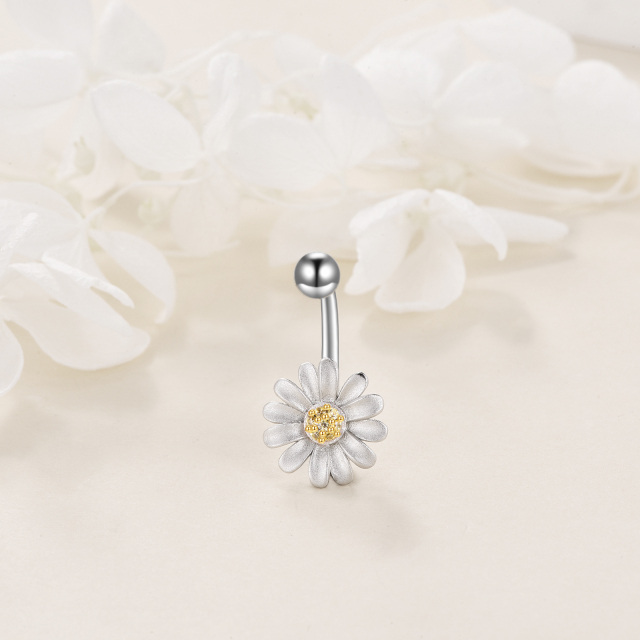 Sterling zilveren tweekleurige rond gevormde cubic zirkonia Daisy Belly Button ring-3