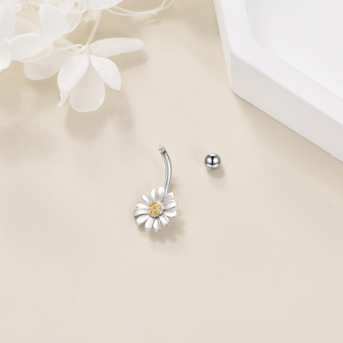 Sterling Silver Two-tone Circular Shaped Cubic Zirconia Daisy Belly Button Ring-4