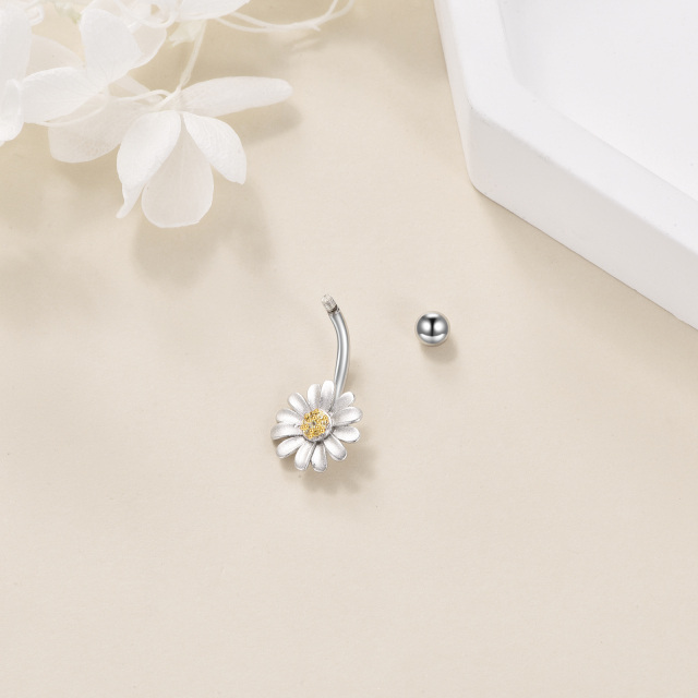 Sterling Silver Two-tone Circular Shaped Cubic Zirconia Daisy Belly Button Ring-4