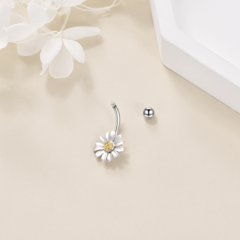 Sterling Silver Two-tone Circular Shaped Cubic Zirconia Daisy Belly Button Ring-4