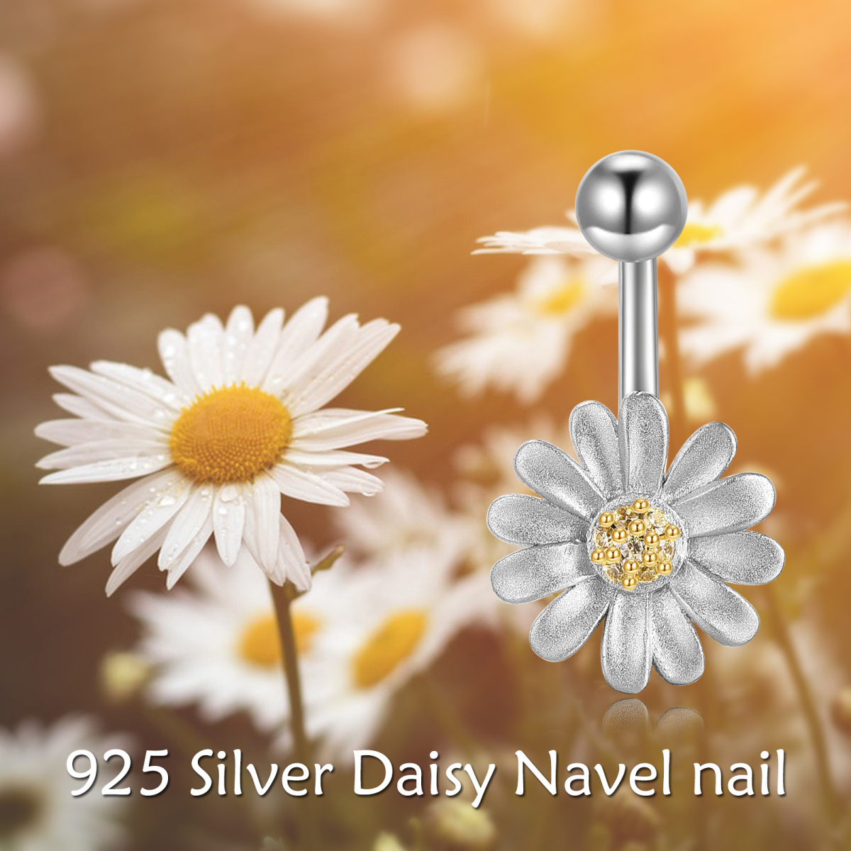 Sterling Silver Two-tone Circular Shaped Cubic Zirconia Daisy Belly Button Ring-6