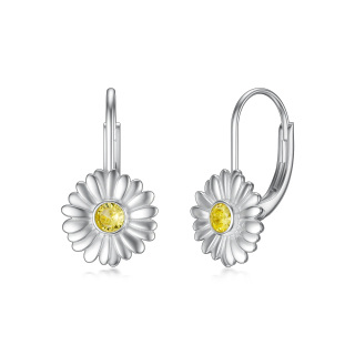 Sterling Silver Two-tone Circular Shaped Cubic Zirconia Daisy Lever-back Earrings-30