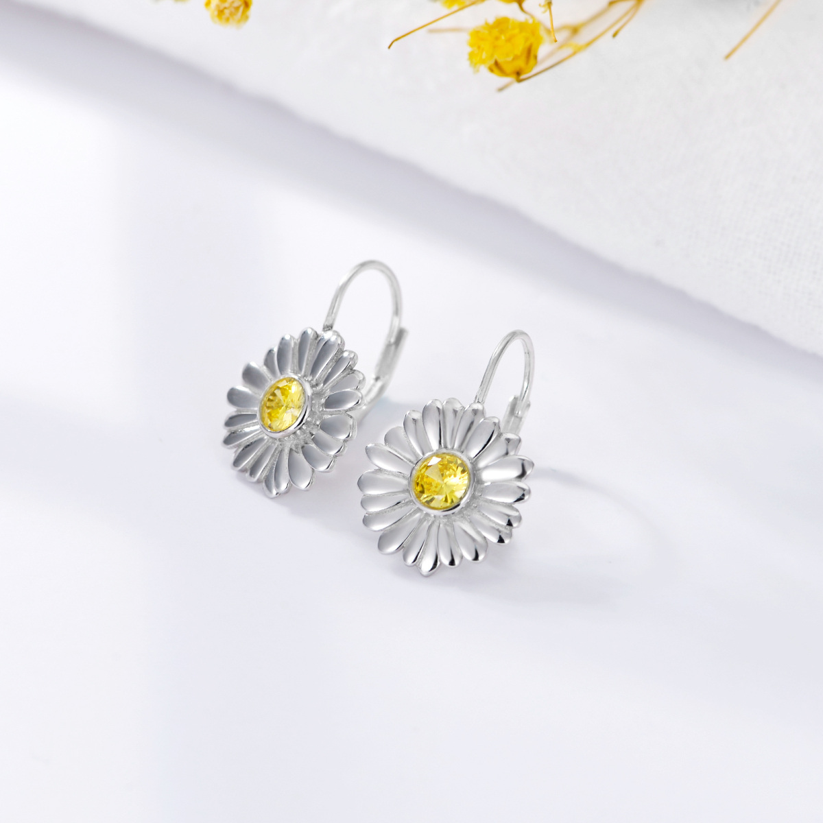 Sterling Silver Two-tone Circular Shaped Cubic Zirconia Daisy Lever-back Earrings-3