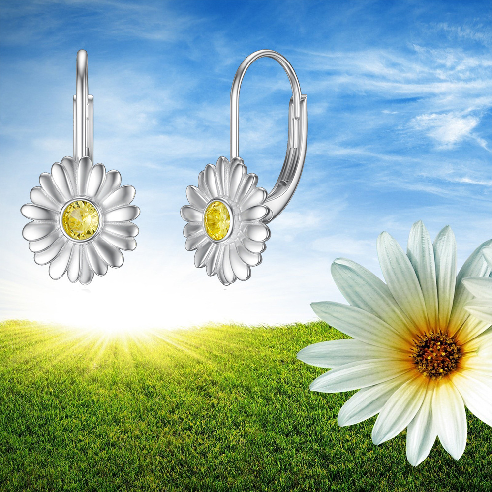 Sterling Silver Two-tone Circular Shaped Cubic Zirconia Daisy Lever-back Earrings-5