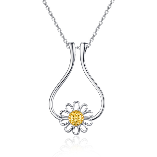 Sterling Silver Two-tone Circular Shaped Daisy Pendant Necklace-1