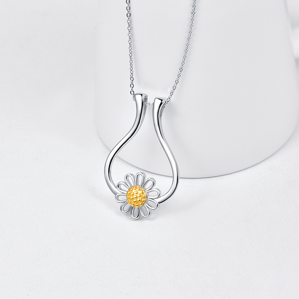 Sterling Silver Two-tone Circular Shaped Daisy Pendant Necklace-5