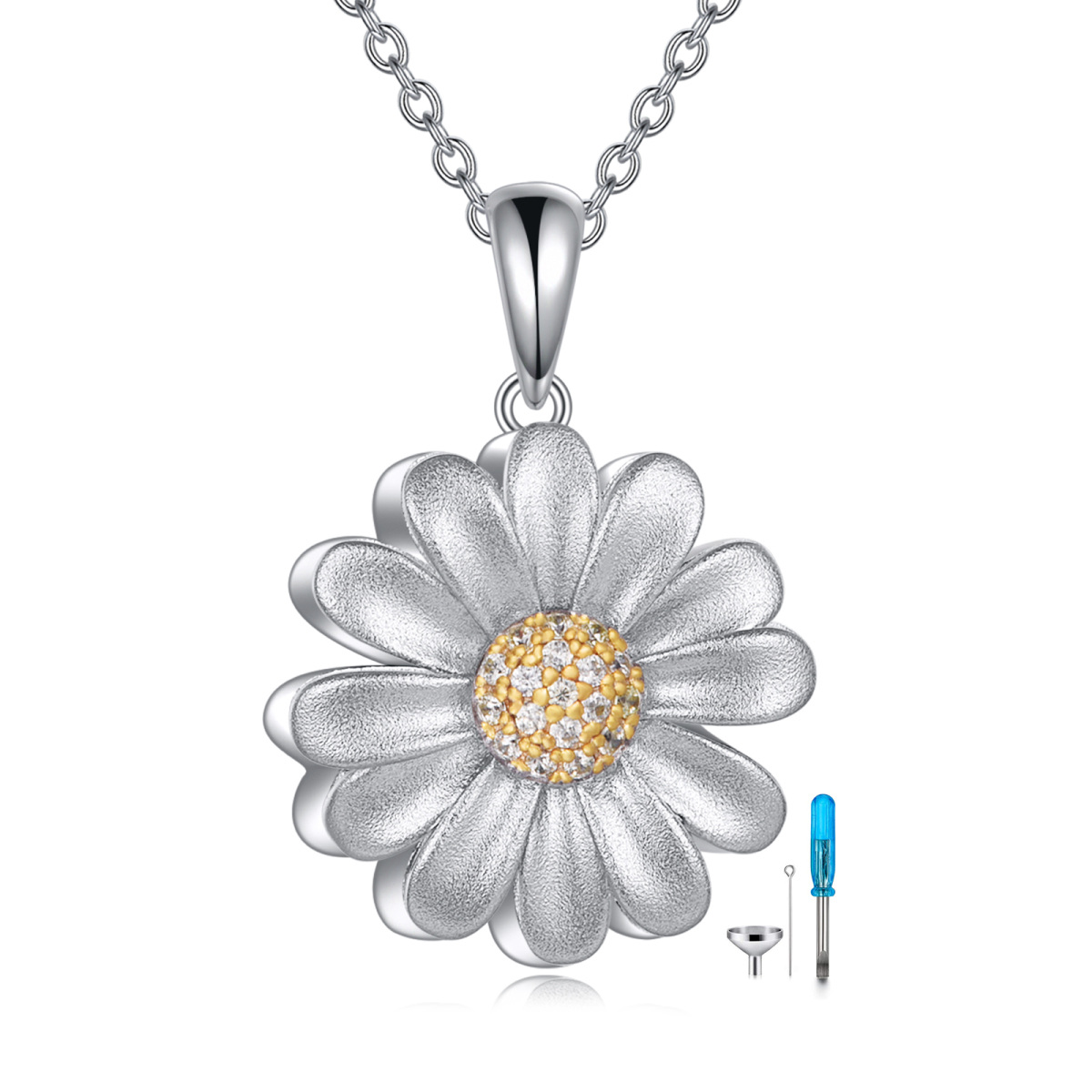 Sterling Silber zweifarbig kreisförmig Cubic Zirkonia Daisy Urn Halskette-1