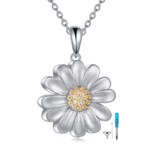 Sterling Silver Two-tone Circular Shaped Cubic Zirconia Daisy Urn Necklace for Ashes-25