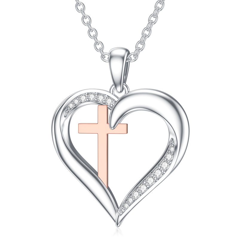 Sterling Silver Two-tone Circular Shaped Diamond Cross & Heart Pendant Necklace-18