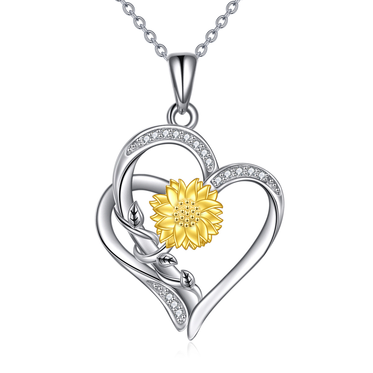 Sterling Silver Two-tone Circular Shaped Diamond Sunflower & Heart Pendant Necklace-1