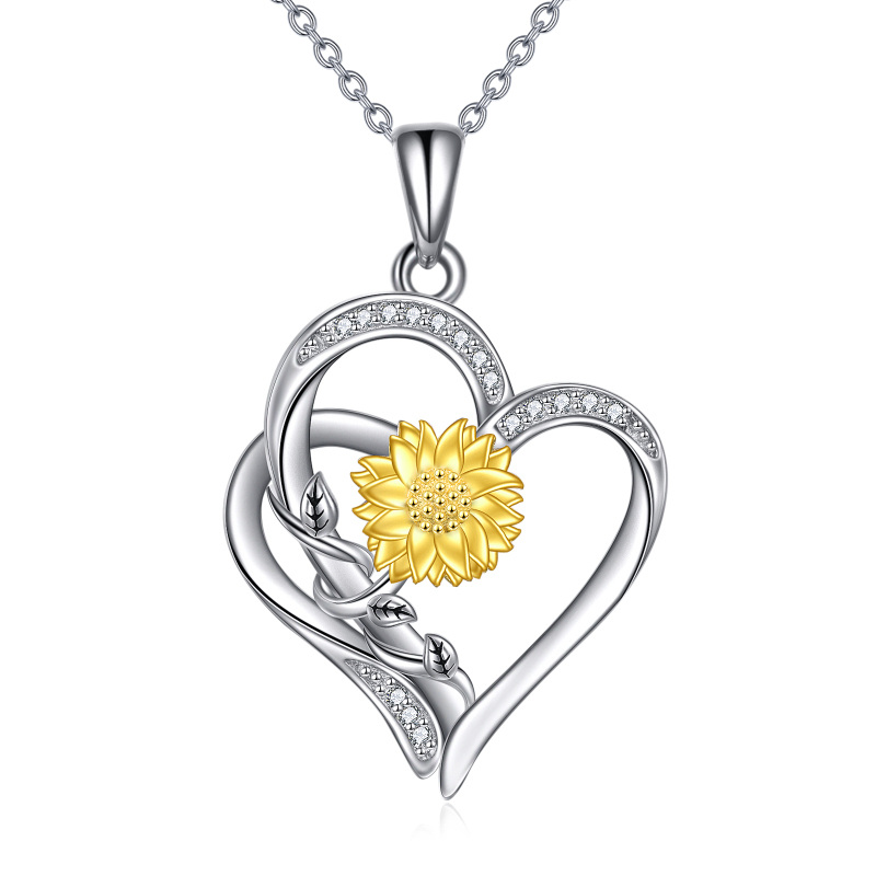 Sterling Silver Two-tone Circular Shaped Diamond Sunflower & Heart Pendant Necklace-6