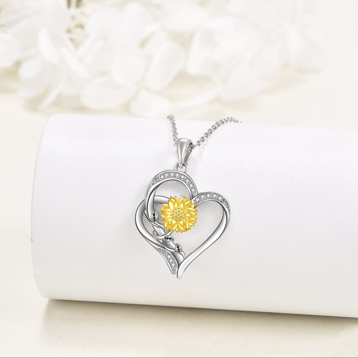 Sterling Silver Two-tone Circular Shaped Diamond Sunflower & Heart Pendant Necklace-3