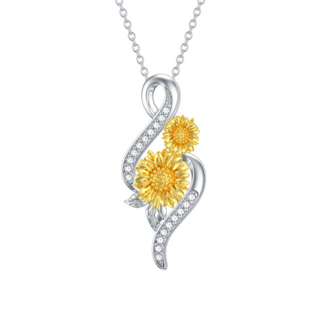 Collana in argento sterling bicolore a forma di circolare con girasole e simbolo dell'infinito.