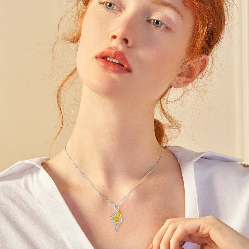 Sterling Silver Two-tone Circular Shaped Diamond Sunflower & Infinity Symbol Pendant Necklace-2