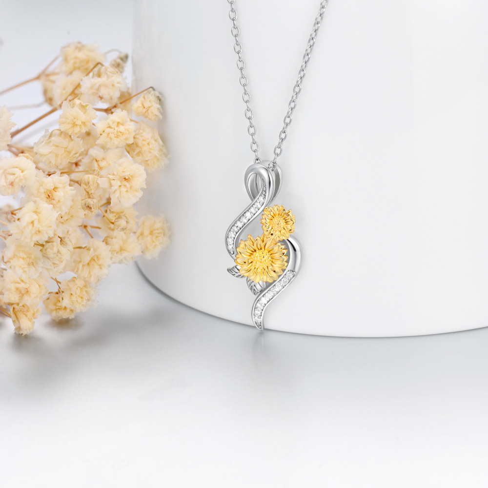 Sterling Silver Two-tone Circular Shaped Diamond Sunflower & Infinity Symbol Pendant Necklace-3