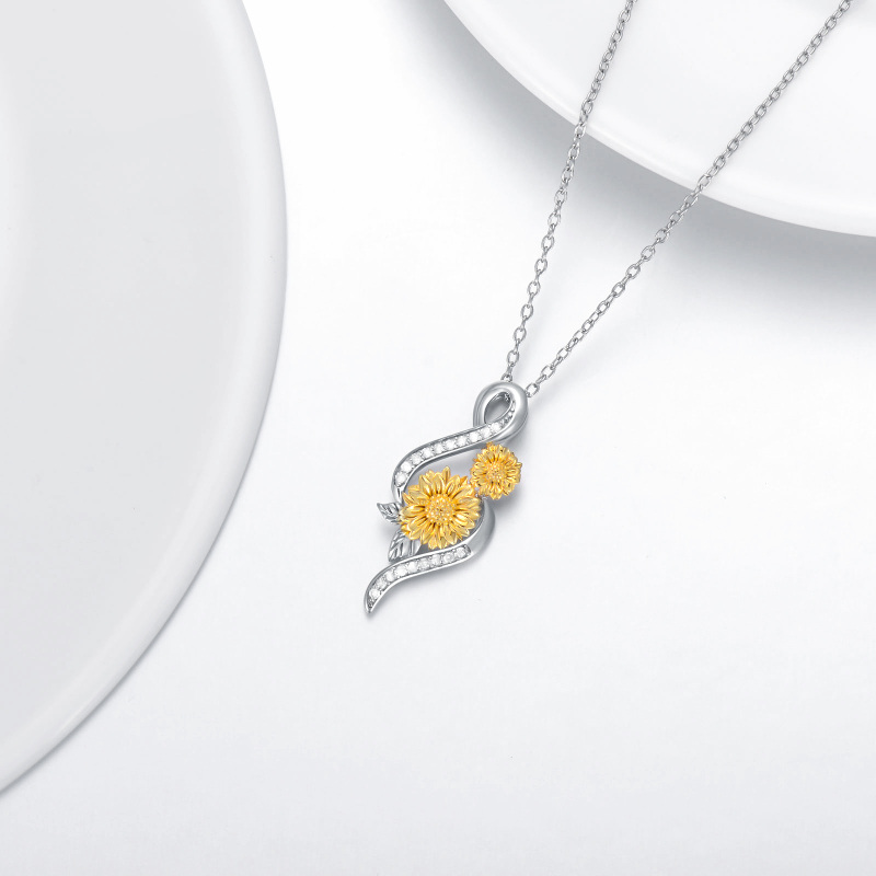 Sterling Silver Two-tone Circular Shaped Diamond Sunflower & Infinity Symbol Pendant Necklace-4