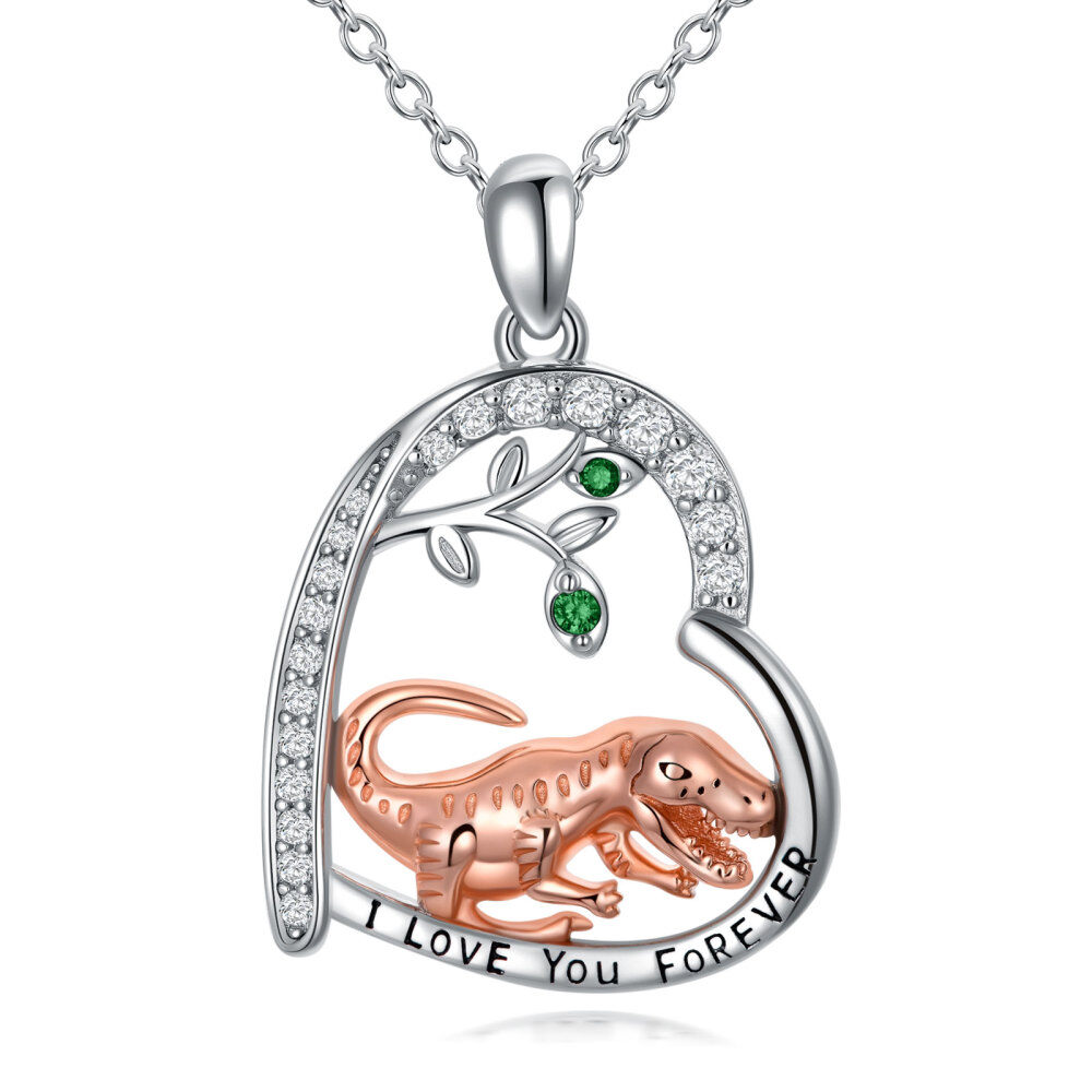 Sterling Silver Two-tone Circular Shaped Cubic Zirconia Dinosaurs Pendant Necklace-1