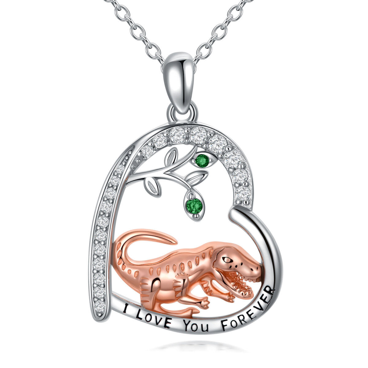 Collier en argent sterling avec pendentif Dinosaures en zircone cubique bicolore-1