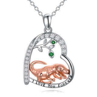 Sterling Silver Two-tone Circular Shaped Cubic Zirconia Dinosaurs Pendant Necklace-7