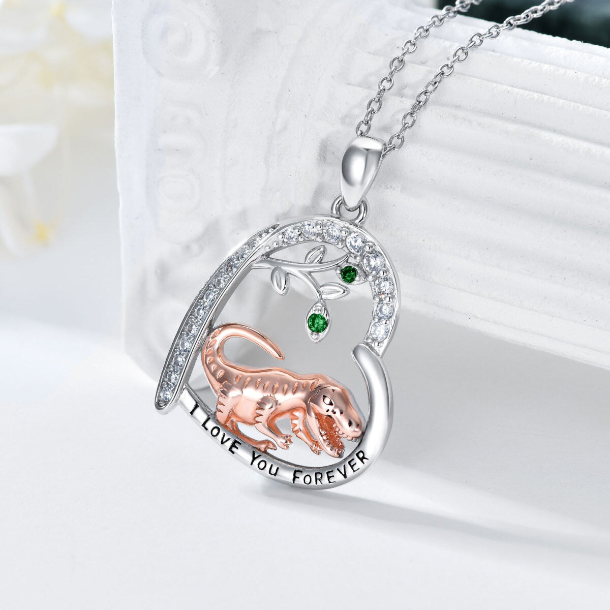 Sterling Silver Two-tone Circular Shaped Cubic Zirconia Dinosaurs Pendant Necklace-4