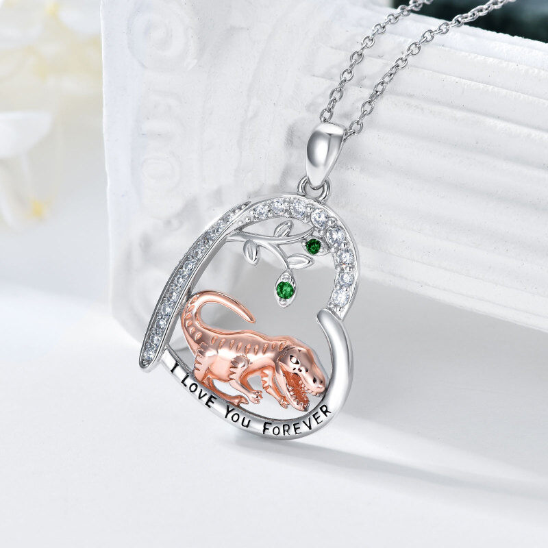 Sterling zilveren tweekleurige cirkelvormige cubic zirconia dinosaurussen hanger ketting-4