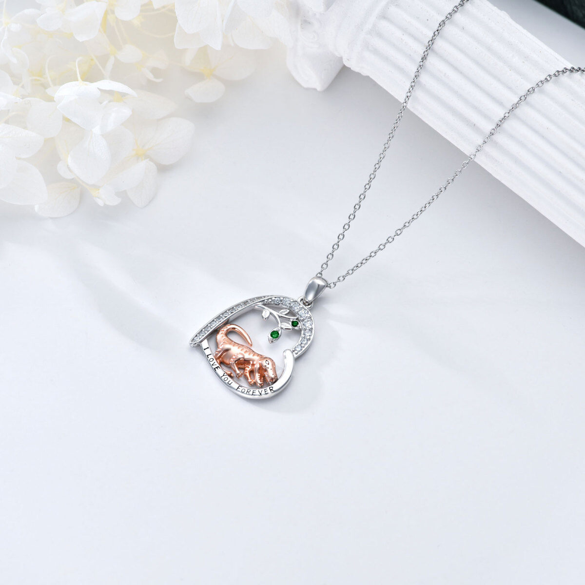 Sterling Silver Two-tone Circular Shaped Cubic Zirconia Dinosaurs Pendant Necklace-5